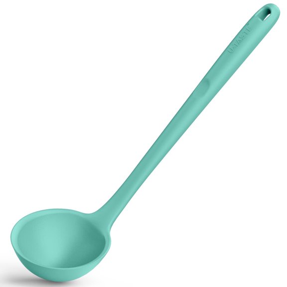 13in Silicone Soup Ladle: U-Taste 600°F Heat Resistant Non-stick Seamless Rubber Large Kitchen Deep Serving Spoon with Non-slip Solid Long Handle for Cooking Sauce, Stews, Gravies, Chili (Aqua Sky)