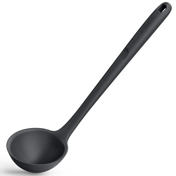 13 inch Silicone Soup Ladle: U-Taste 600°F Heat Resistant Non-stick Seamless Rubber Large Kitchen Deep Serving Spoon with Non-slip Solid Long Handle for Cooking Sauce, Stews, Gravies, Chili (Black)