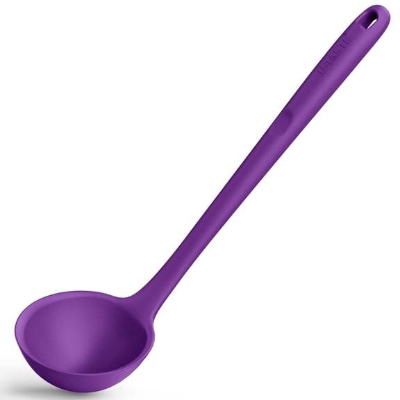 13 inch Silicone Soup Ladle: U-Taste 600°F Heat Resistant Non-stick Seamless Rubber Large Kitchen Deep Serving Spoon with Non-slip Solid Long Handle for Cooking Sauce, Stews, Gravies, Chili (Purple)