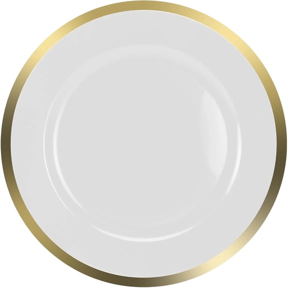 13 inch White Charger Plate with Gold Rim – Elegant, Disposable, Decorative Round Plastic Charger for Dinner Parties, Events, & Holidays – Durable, & Disposable Table Setting for Plates (4)