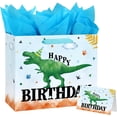 thumbnail image 1 of 13-inch large watercolor dinosaur birthday gift bag with handle, greeting cards and tissues for boys, girls, children's birthday parties, 1 of 4