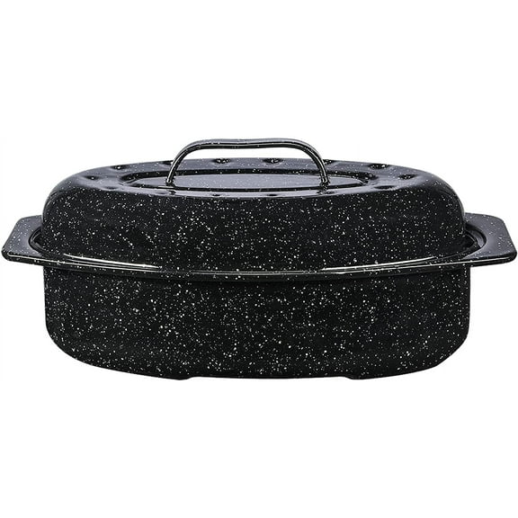 13-inch oval roaster with Lid. Enameled steel design to accommodate up to 7 lb poultry/roast. Resists up to 932°F. Ideal for preparing meals for two!