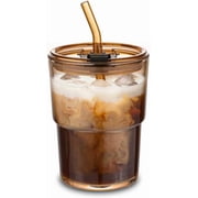 13 oz Glass Tumbler with Straw and Sealed Lid, Reusable Iced Coffee Cup, Thick Wall Glass Drinking Cup for Coffee and Beverages