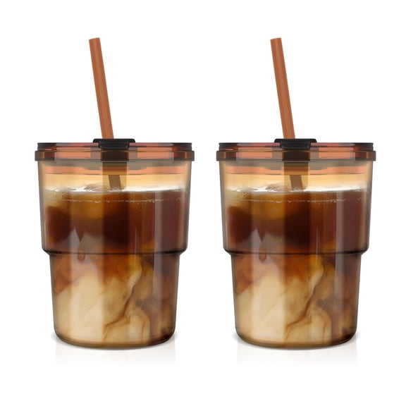 13 oz Reusable Amber BPA Free Leak-Proof Thick Wall Travel Glass Tumbler with Straw & Lid, 2 Pack for Home Office Car Cup Holder Friendly Iced Coffee Tea Cups