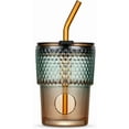 thumbnail image 1 of 13 oz Tumbler Water Glass, Water Bottle with Straw and Dustproof Lid, Coffee Ice Cup Double Wall Insulated Glass Cup (Amber-Ribbed), 1 of 10