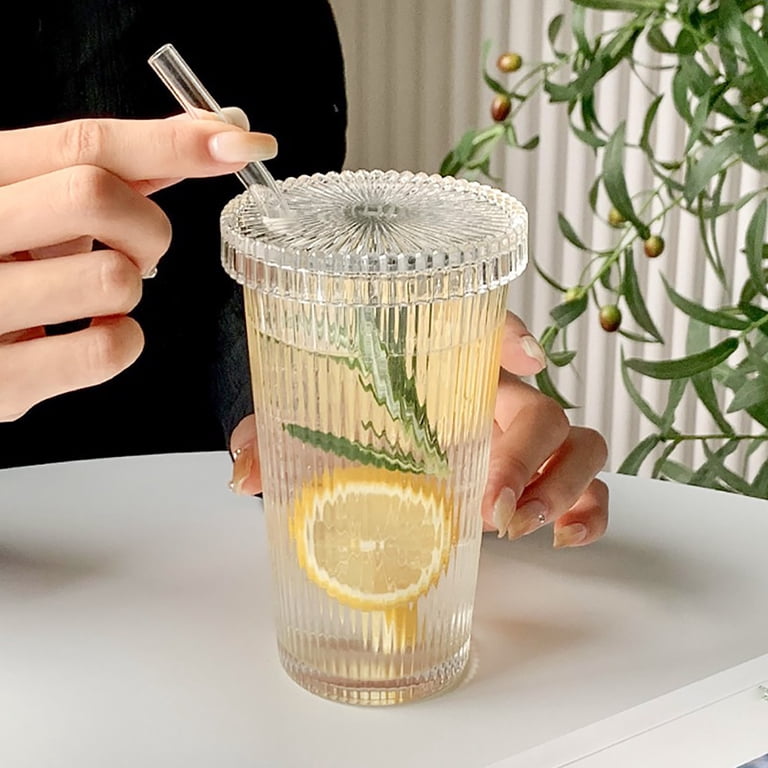 Hotiary 13 oz Clear Vertical Stripe Glass Coffee Mug, Durable Ribbed Tea  Cup with Lid and Straw - Walmart.com