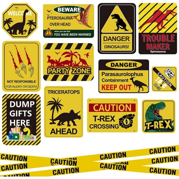 13 pcs Dinosaur Birthday Party Supplies, Dinosaur Party Decorations for Boys Kid Birthday Party Baby Shower,11.8 inch Dinosaur Theme Party Wall Decor Signs with Yellow Caution Tape