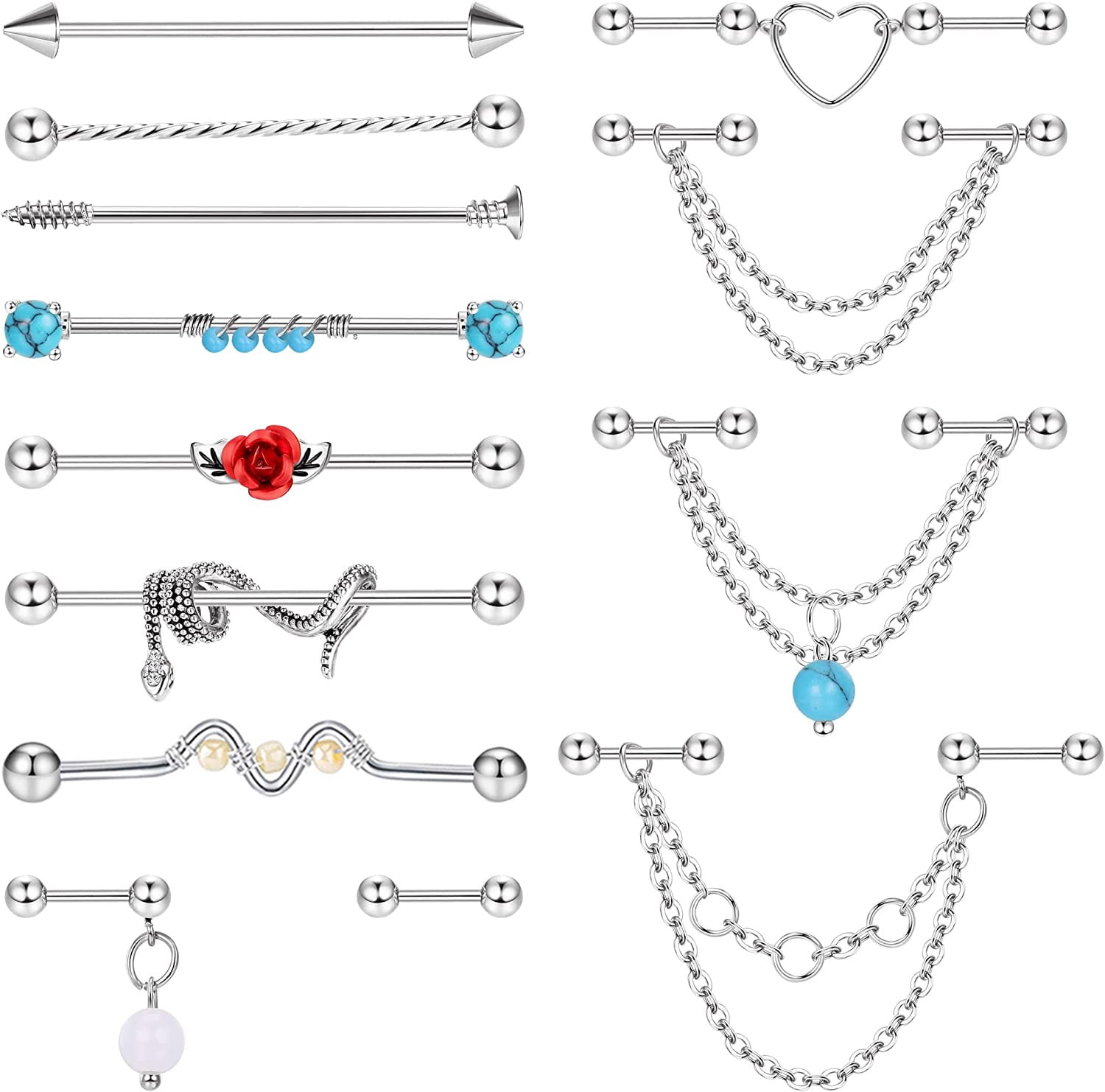 13 pcs Industrial Barbell Earrings Cartilage Piercing Earrings Jewelry