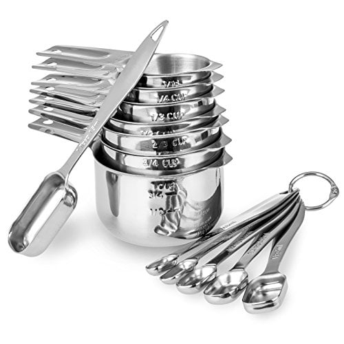 13-piece Measuring Cups and Spoons Set,18/8 Stainless Steel Heavy Duty Ergonomic Handle with Ring Connector,Silver