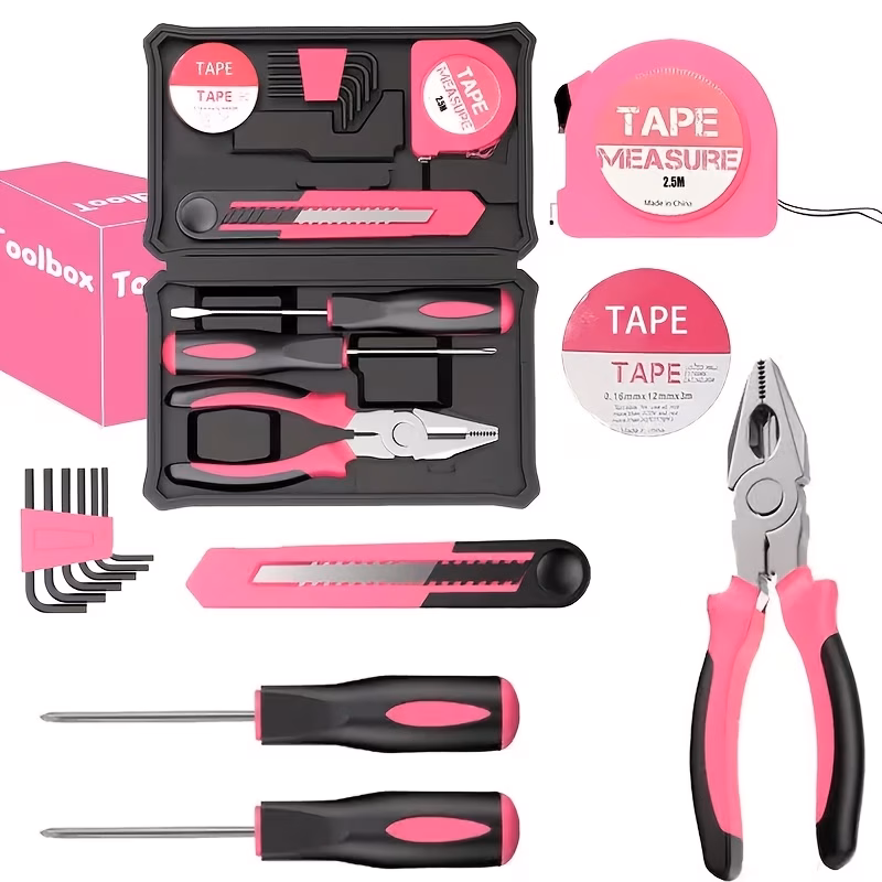 13-piece Pink & Orange Multi-Functional Tool Set, CR-V Material Portable Home Repair Toolbox, Ideal Gift for Dorms, Offices, DIY Assembly, and Pipe Repairs,
