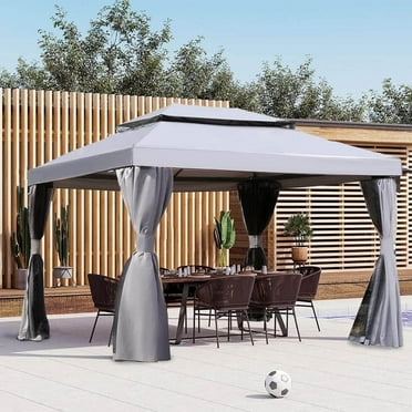 13 x 10 FT Patio Gazebo Tent, Double Tiers Polyester Canopy Top Water-Resistant Anti-UV Shelter Sun Shade with Mesh Netting, Grey