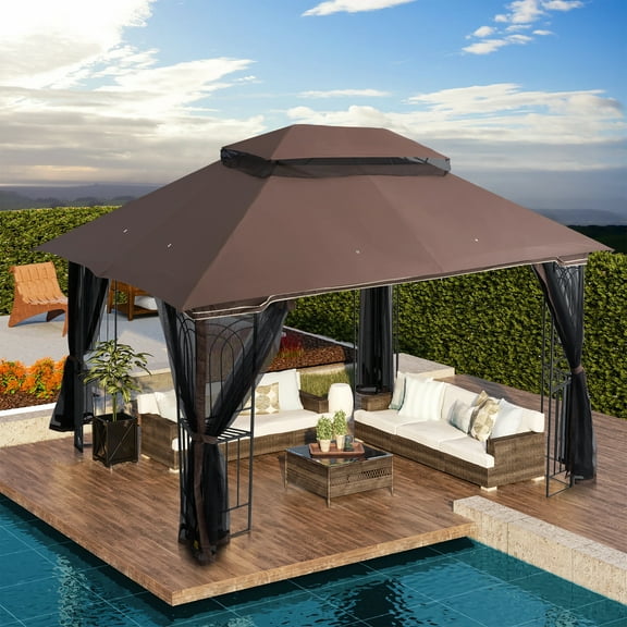 13' x 10' Outdoor Canopy Gazebo With Ventilated Double Roof And Mosquito net,Brown