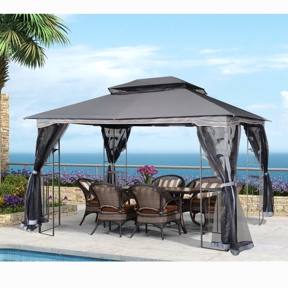 13' x 10' Outdoor Canopy Gazebo With Ventilated Double Roof And Mosquito net,Gray