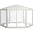 thumbnail image 1 of 13' x 11' Outdoor Party Tent, Hexagon Sun Shade Shelter Canopy w/ Protective Mesh Sidewalls, Ropes & Stakes, Cream, 1 of 6