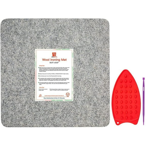 13" x 13" 100% Wool Pressing Mat Easy Press Great for Quilting, Ironing & Sewing. 1/2" Thick. with Silicone Iron Rest and purple thang