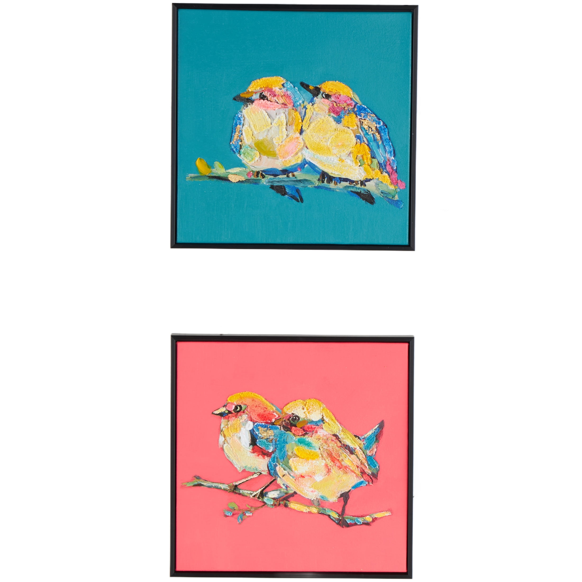 13" x 13" Colorful Bird Framed Wall Art with Black Frame and Gold Foil Accents, by DecMode (2 Count)