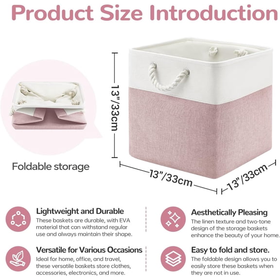 13 x 13 Inch Cube Storage Bins, 6 Pack Fabric Storage Basket with Handles, Foldable Boxes Organizer for Shelf Baskets for Home, Clothes (White/Pink)