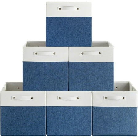 13 x 13 Inch Fine Linen Storage Bins with Handles，Fabric Cube Boxs，Collapsible Basket Organizers for Shelves for Home, Closet Drawers (White/Blue-6 Pack)