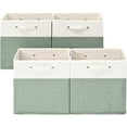 thumbnail image 1 of 13 x 13 Inch Fine Linen Storage Bins with Handles，Fabric Cube Boxs，Collapsible Basket Organizers for Shelves for Home, Closet Drawers (White/Green-4 Pack ), 1 of 7