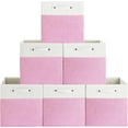 thumbnail image 1 of 13 x 13 Inch Fine Linen Storage Bins with Handles，Fabric Cube Boxs，Collapsible Basket Organizers for Shelves for Home, Closet Drawers (White/Pink-6 Pack), 1 of 14