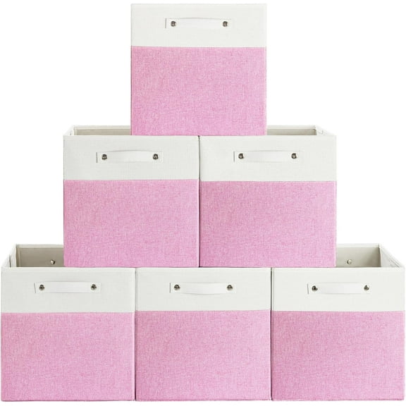 13 x 13 Inch Fine Linen Storage Bins with Handles，Fabric Cube Boxs，Collapsible Basket Organizers for Shelves for Home, Closet Drawers (White/Pink-6 Pack)