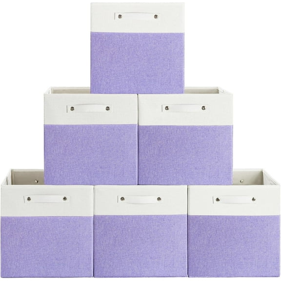 13 x 13 Inch Fine Linen Storage Bins with HandlesοΌFabric Cube BoxsοΌCollapsible Basket Organizers for Shelves for Home, Closet Drawers (White/Purple-6 Pack)
