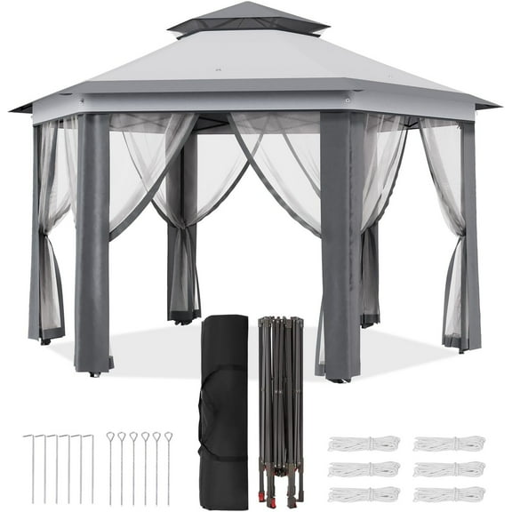 13' x 13' Pop Up Gazebo, Hexagonal Canopy Shelter with 6 Zippered Mesh Netting, Event Tent with Strong Steel Frame for Patio Backyard Garden Wedding Party