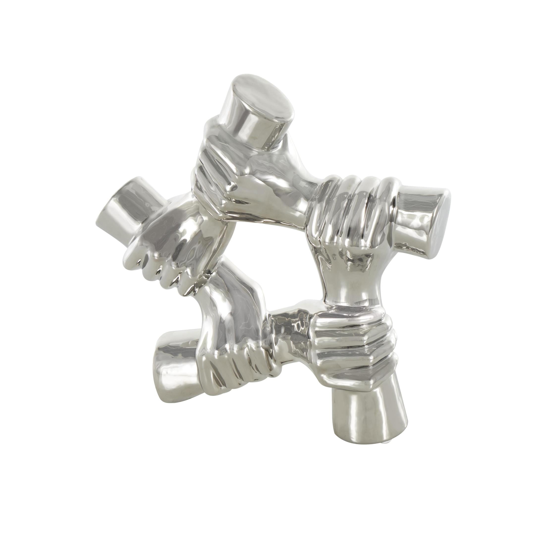 13" x 13" Silver Ceramic Gripping Hands Sculpture, by DecMode