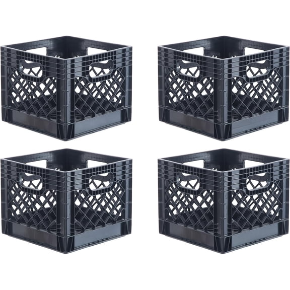 13 x 13 x 11inch (16 quarts, 4-pack) mesh commercial-grade milk crate-style storage box with handles, black