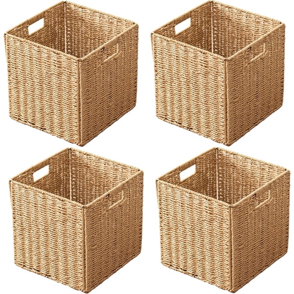 13" x 13" x 13" Paper Rope Hand Woven Storage Cube Set of 4 with Handles Collapsible Square Basket Natural