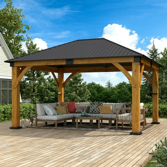 13'x 15' Upgraded Wood Gazebo, Spruce Wood Frame Gazebo with Galvanized Steel Roof, Outdoor Wooden Hardtop Pavilion for Deck, Backyard