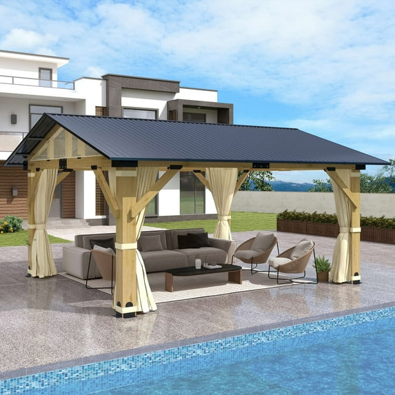 GARTOO 13' x 15' Wooden Hardtop Gazebo with Netting and Curtains, Cedar Wood Frame Gazebo with Galvanized Steel Roof for Garden, Patio, Deck