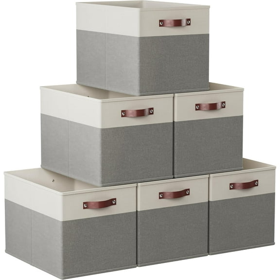 13 x 15 x 13 Kallax Storage Cube Bins, Foldable Collapsible Fabric Storage Bins Box Linen Shelf Basket Cube Organizer for Closet with Leather Handles, 6 Pack, White/Gray
