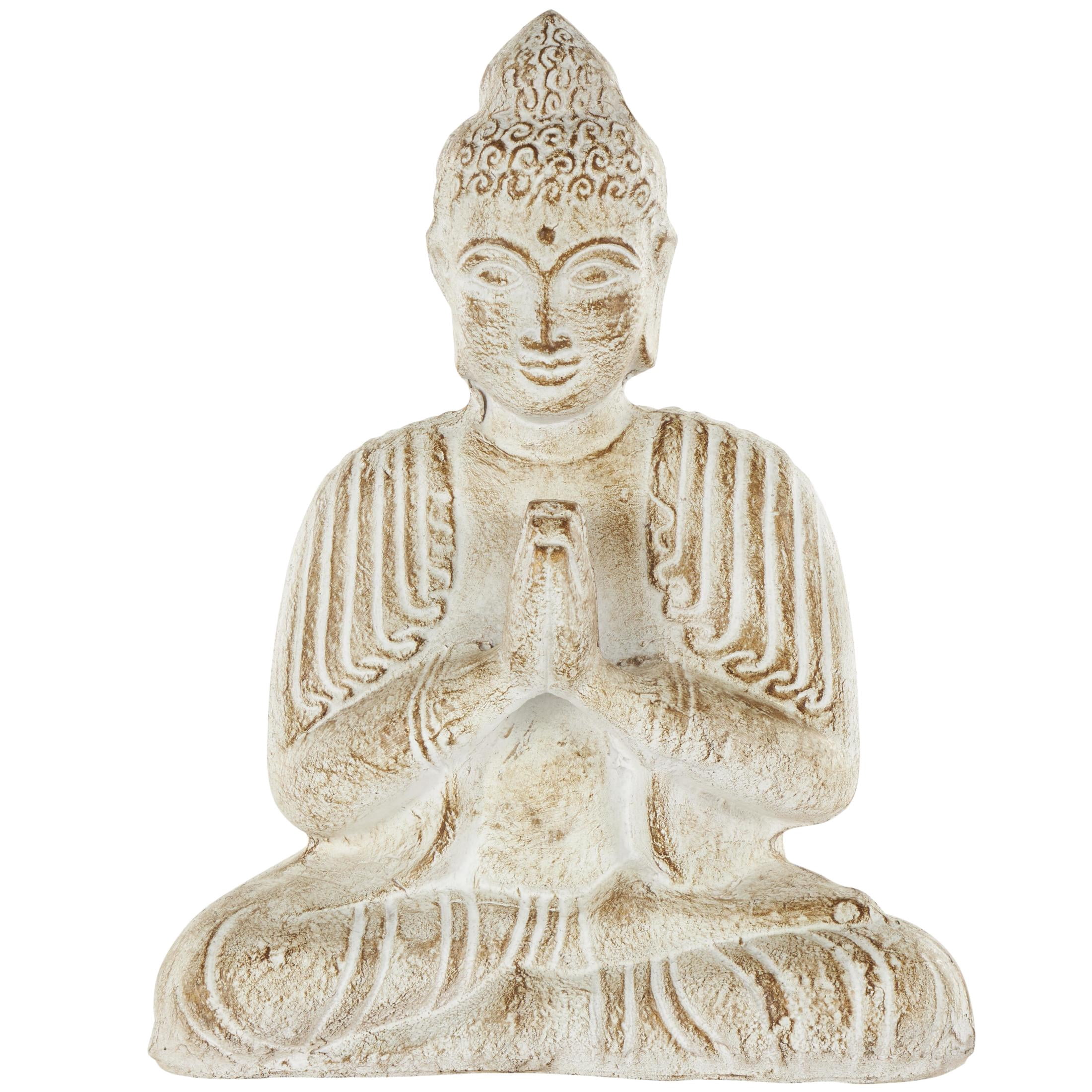 13" x 16" Cream Paper Mache Handmade Carved Buddha Sculpture with Brown Distressing, by DecMode