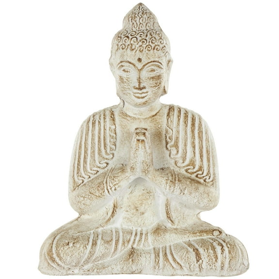 13" x 16" Cream Paper Mache Handmade Carved Buddha Sculpture with Brown Distressing, by DecMode