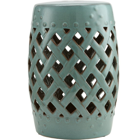13" x 18" Ceramic Garden Stool, Blue Woven Lattice Design Outdoor Side Table