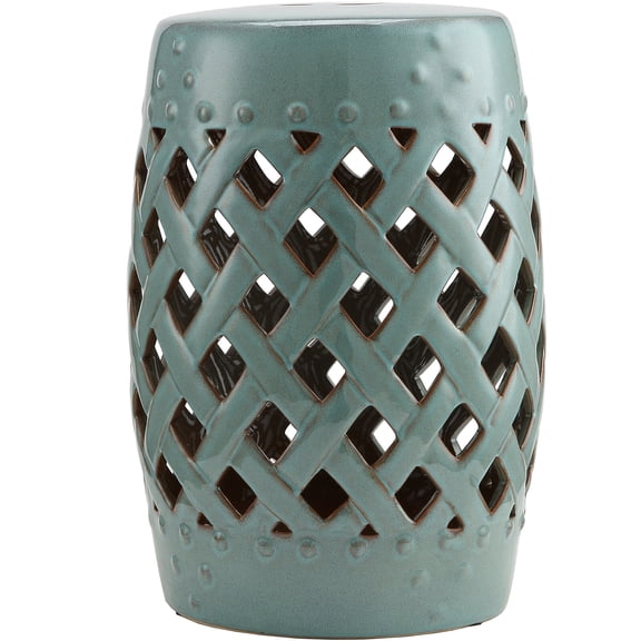 13" x 18" Ceramic Garden Stool, Blue Woven Lattice Design Outdoor Side Table