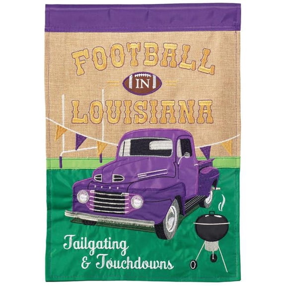 13 x 18 in. Football In La Purple & Gold Burlap Garden Flag