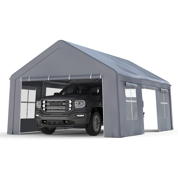 13 x 20FT Heavy Duty Carport with Roll-Up Windows,  220 g PE Portable Garage with Removable Sidewalls & Doors, Portable Car Tent Garage with Roll-Up Windows and All-Season Tarp, for Car, Truck,
