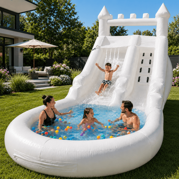 Connsann 13' x 21' Commercial-Grade White PVC Inflatable Water Slide with Splash Pool & 750W Air Blower for Backyard Parties/Rental
