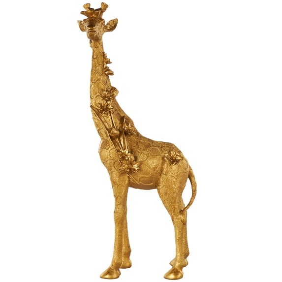 13" x 30" Gold Resin Standing Giraffe Sculpture with Textured Spots and Floral Accents, by DecMode