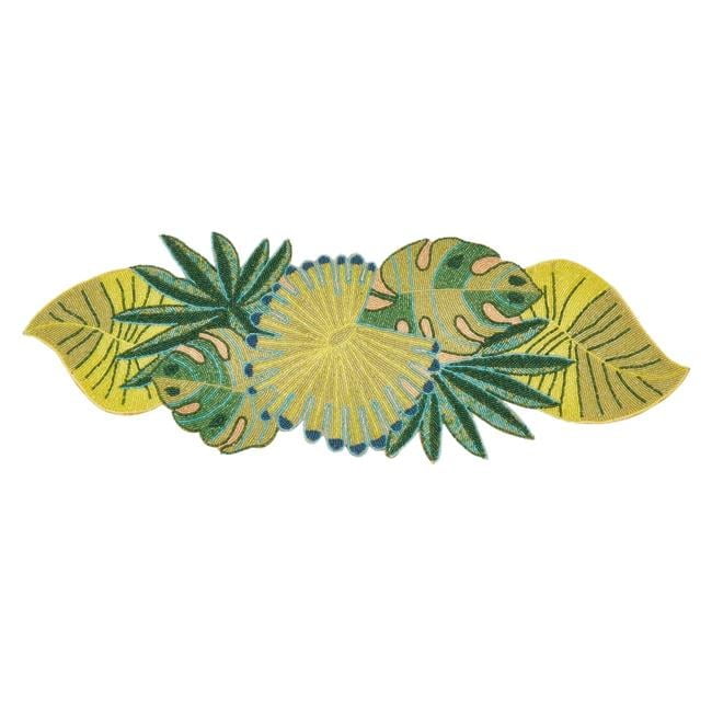 Green Beaded Tropical Leaves Glass Table Runner, 13"x36"