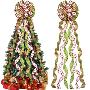 13 x 44.9 Inch Large Christmas Tree Topper Bow, Red Green Stripe & Polka Dot Wired Ribbon Bow with Long Streamers, Xmas Tree Top Bow Ornament for Christmas Tree, Mantel, Front Door