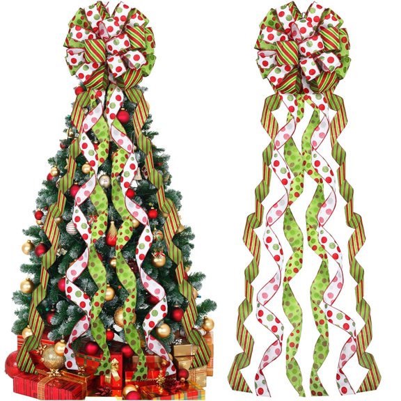 13 x 44.9 Inch Large Christmas Tree Topper Bow, Red Green Stripe & Polka Dot Wired Ribbon Bow with Long Streamers, Xmas Tree Top Bow Ornament for Christmas Tree, Mantel, Front Door