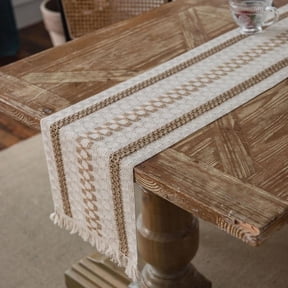 13 x 55 inch Farmhouse Style Cotton Linen Table Runner with Handmade Fringed, Rustic Jute Burlap Table Runners 55 Inches Long for Dining Room, Dresser Decor
