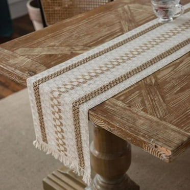 13 x 55 inch Farmhouse Style Cotton Linen Table Runner with Handmade Fringed, Rustic Jute Burlap Table Runners 55 Inches Long for Dining Room, Dresser Decor