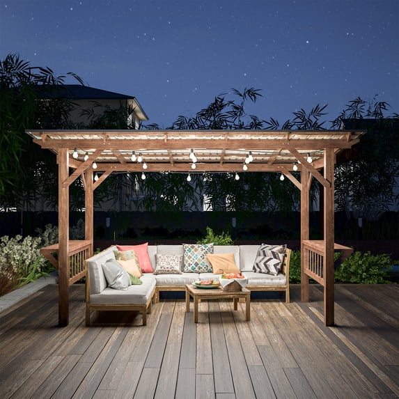 13' x 6.5' Wooden BBQ Pergola Grill Gazebo with Metal Roof, Bulbs & Bar Counters - Durable Outdoor Shelter