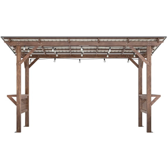 Thanaddo 13' x 6.5' Wooden Pergola Grill Gazebo with Metal Roof, Bar Counter and Lights, Brown