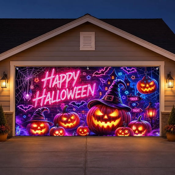 13 x 6 FT Halloween Garage Door Cover Banner, Neon Spooky Haunted House Pumpkin Ghost Backdrop, UV Resistant Large Wall Decor for Indoor Outdoor Yard Home Halloween Party Decoration