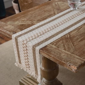 13 x 63 inch Farmhouse Style Cotton Linen Table Runner with Handmade Fringed, Rustic Jute Burlap Table Runners 63 Inches Long for Dining Room, Dresser Decor